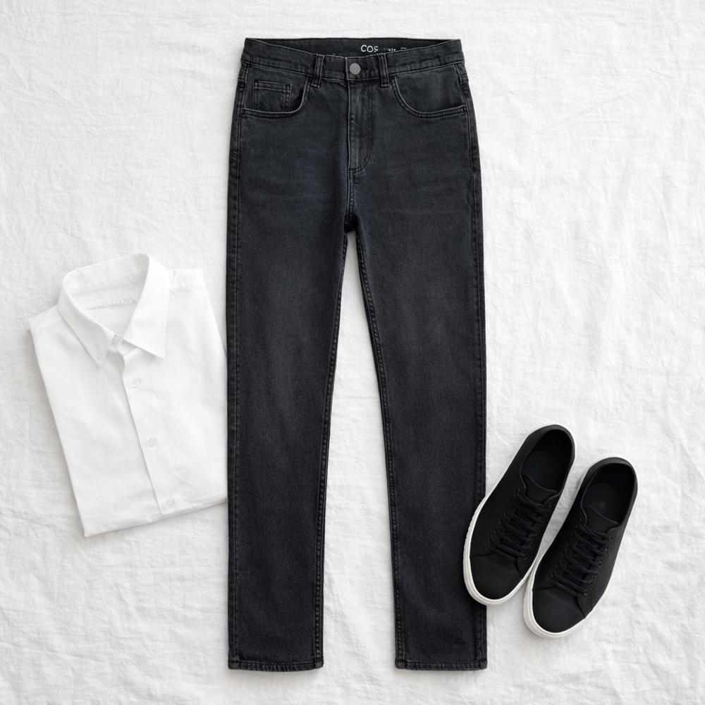 COS Slim Fit Black Jeans 32x30 Hemmed Mid Rise Minimalist Men’s Denim